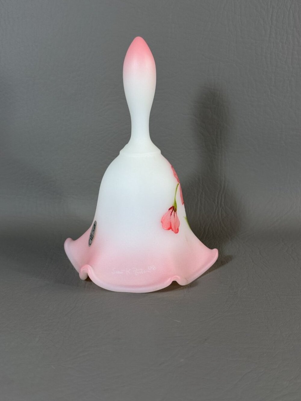 Vintage Fenton Art Glass Bell Hand-Painted Floral Signed M. Kibbe Satin Pink - Picture 9 of 16